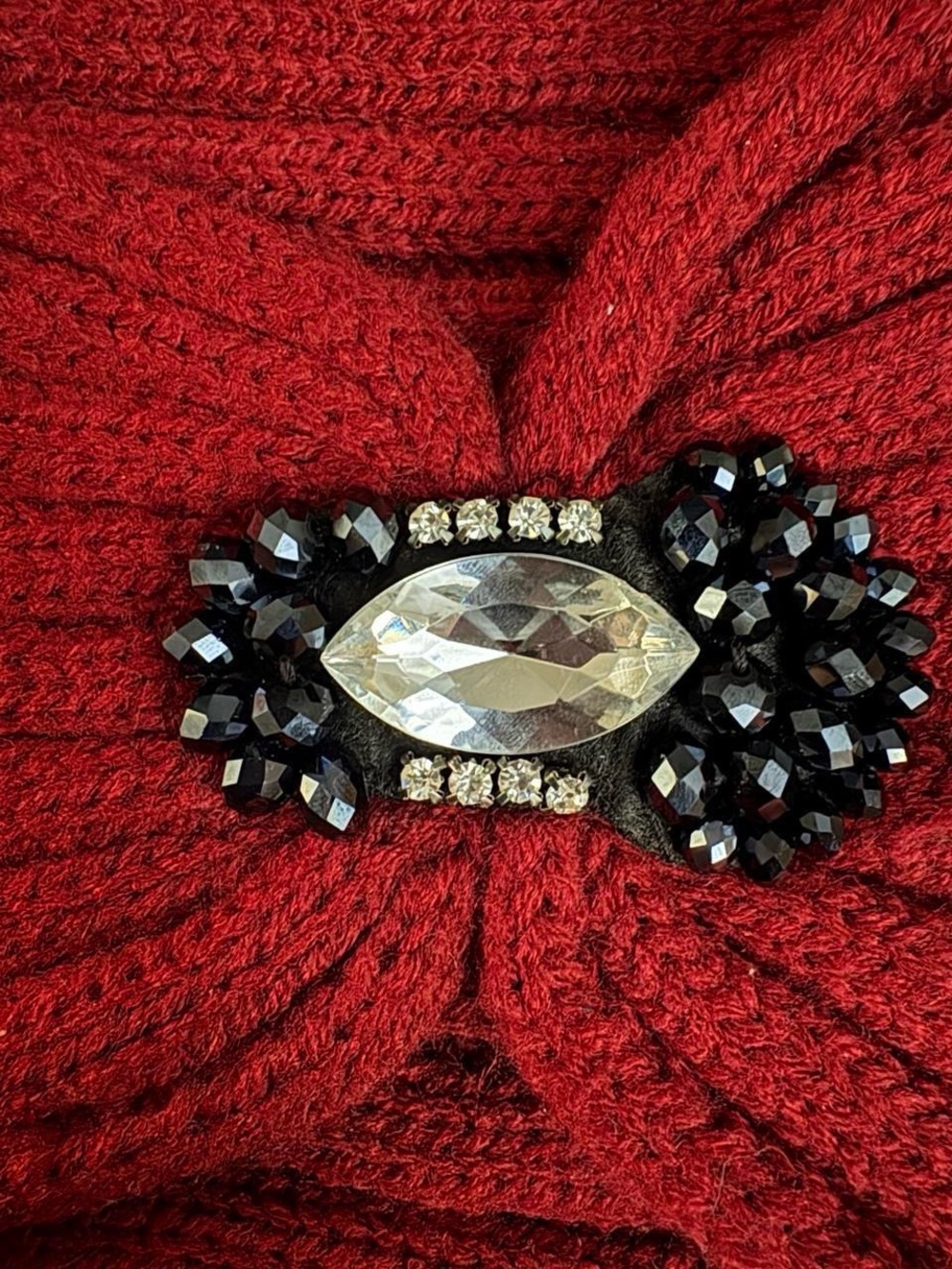Red Cable Knit Bejeweled Headband Ear Warmer Rhinestone Gem Turban Winter - Picture 3 of 5